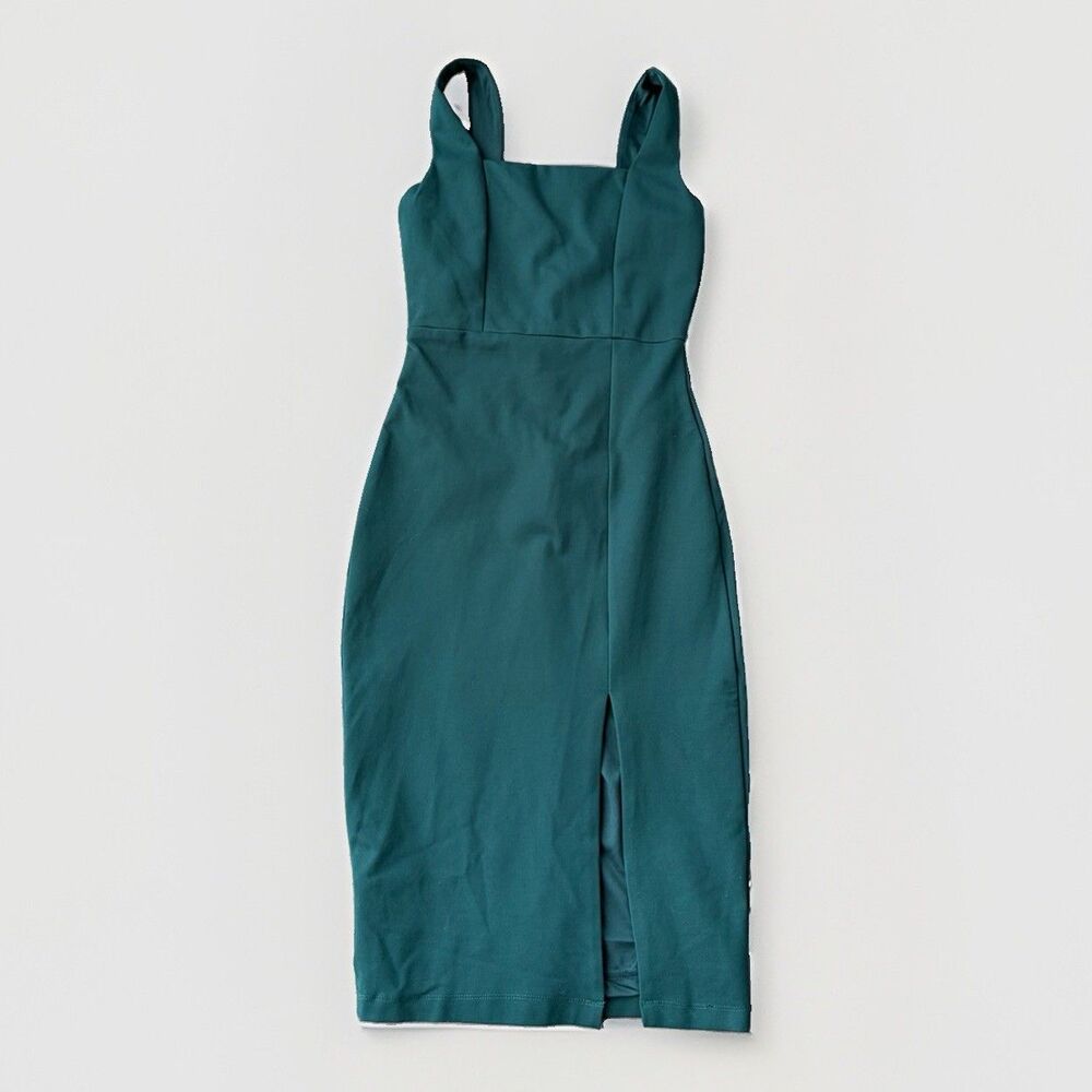 Lulus Green Bodycon Midi Dress S Square Neck Sleeveless Slit Cocktail Wedding